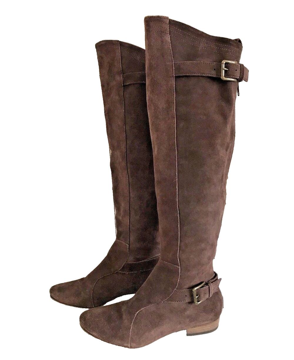 JOIE Many Roads Over The Knee Brown Suede Flat Boots Buckle Zipper 37 6.5
